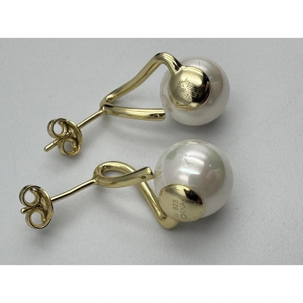 Vermeil 925 Sterling Silver Gold Tone Faux Pearl Drop Post‎ Earrings